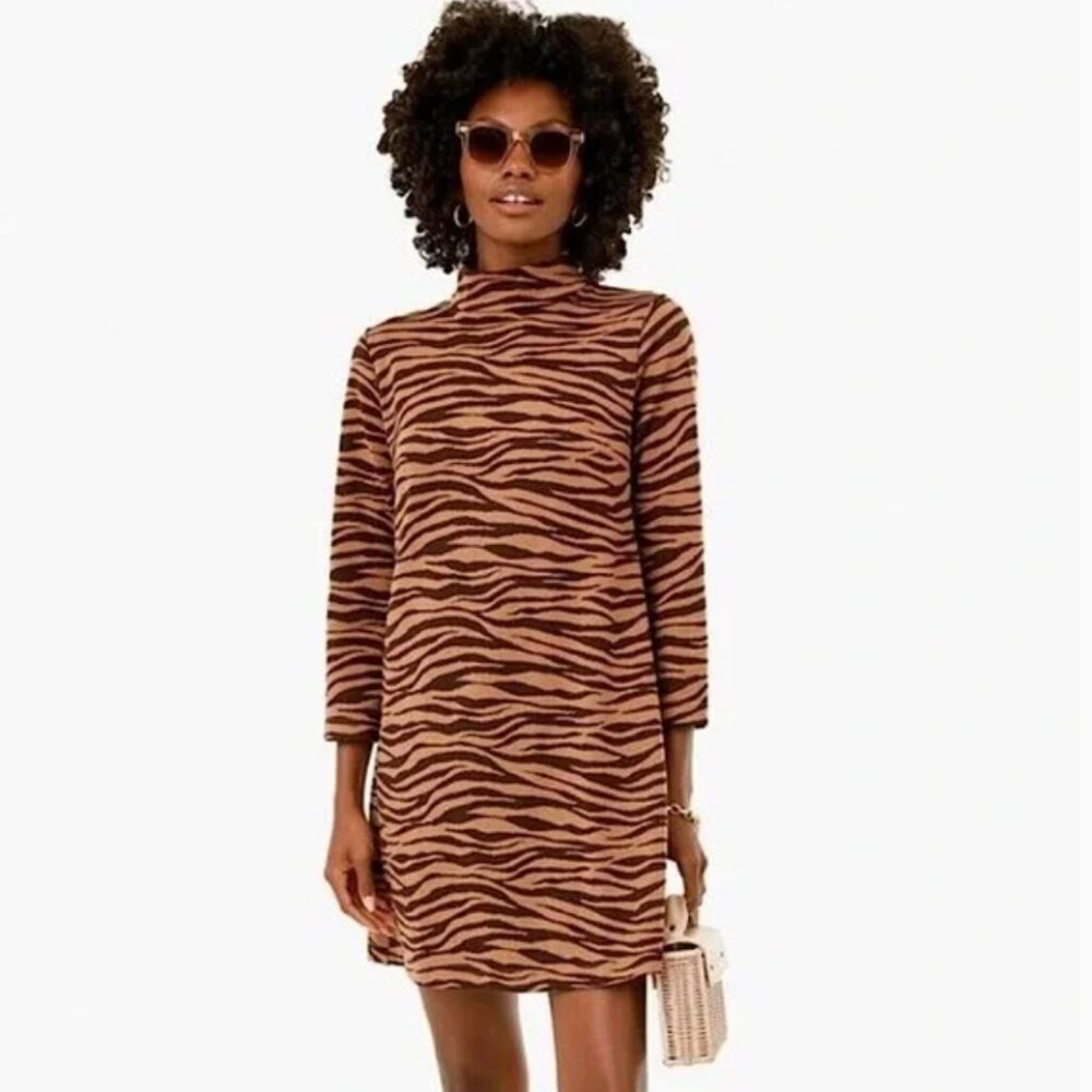 TUCKERNUCK brown tan mod tiger pattern Ellie mock neck knit dress size medium - Picture 2 of 11